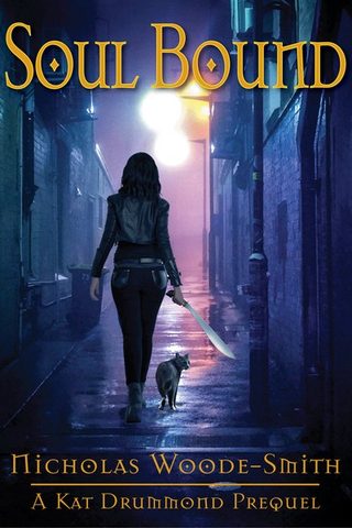 Cover of Soul Bound - a leather clad woman walks down a dark alley, brandishing a machete.