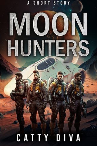 Cover of 'Moon Hunters' - Four space-suited men stand on an alien moon in front of a crashed shuttle.