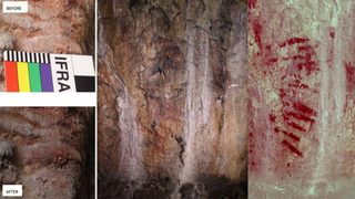 Red markings on the wall of Bacon Hole Cave, Gower.