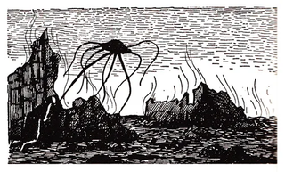 A Martian strides across the ruins of Woking, from Edward Gorey's illustrations