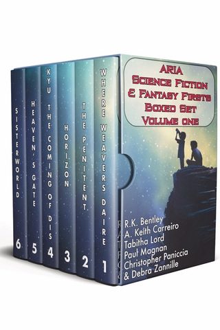 Cover of 'ARIA' SF&F - Two children gazing at the stars on a box set of books.