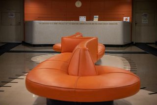 A gloriously 1950s sofa in the reception area.