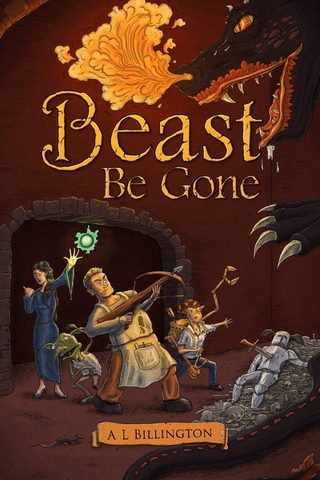 Cover of 'Beast Be Gone' - a cartoon band of adventurers battle a fire-breathing dragon.