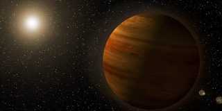 Artist's concept of the super-Jupiter Gaia23bra b orbiting an orange dwarf star.