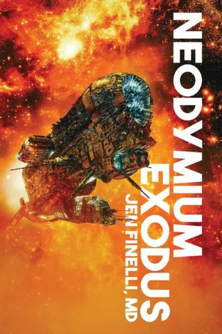 Cover of 'Neodymium Exodus' - a classic 80s style spaceship in a nebula