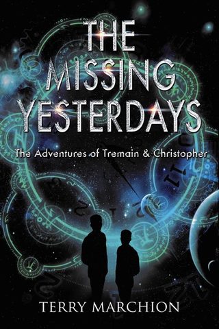 Cover of 'The Missing Yesterdays' - two figures in front of a time-bending selection of runes.
