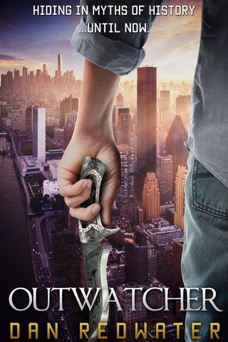 Cover of 'Outwatcher' - a figure stands above a city skyline, holding an ornate dagger.
